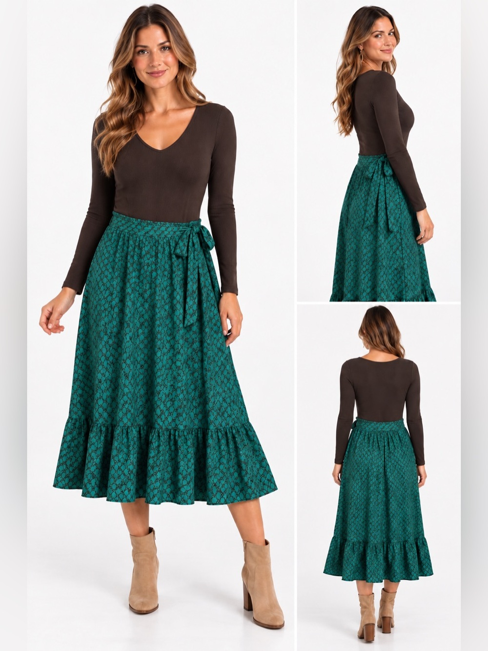 Women’s Green Patterned Waist-Tie Dress with Black Top